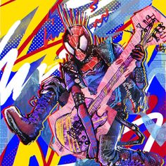 a painting of a person with a guitar in his hand and an abstract design on the background