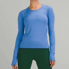 Lululemon Blue Nile Swiftly Tech Long Sleeve Shirt 2.0 Race Length Size 4 Took The Tab Off. Never Worn. Blue Swiftly Tech, Anna Claire, Lululemon Shirts, Blue Clothes, Bday List, Swiftly Tech Long Sleeve, Blue Lululemon, Lululemon Long Sleeve, Xmas Wishes