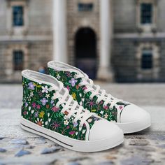 This pretty spring meadow pattern was designed by me and is only available on these shoes!  Made with breathable polyester canvas and featuring hi-poly deodorant memory foam insoles, these women's high top sneakers bear all the marks of an awesome shoe.   .: Breathable polyester canvas .: Hi-poly deodorant memory foam insoles .: EVA shock-absorbing layer .: Durable rubber outsole .: White decoration Original design by chelsea__designs, me! Shoes Laces, Spring Meadow, Floral Shoes, Pretty Patterns, Nice Shoes, Forest Green, Womens Shoes Sneakers, All Over Print, High Top