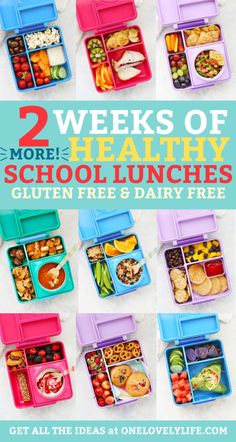 lunch boxes with the words 2 weeks of healthy school lunches gluen free and dairy free