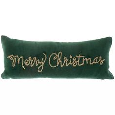 a green christmas pillow with the words merry christmas embroidered on it's front and back