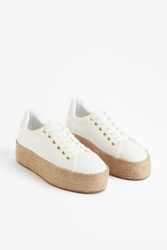 Espadrille Sneakers - No heel - White - Ladies | H&M US 3 Casual Platform Lace-up Canvas Shoes, Textile Lace-up Sneakers With Woven Sole, Casual Platform Canvas Shoes, Spring Lace-up Sneakers With Woven Sole, Beach Sneakers With Textured Sole, Comfortable Canvas Espadrilles With Woven Sole, White Platform Sneakers With Contrast Sole For Summer, White Platform Sneakers For Summer, Summer Lace-up Canvas Shoes