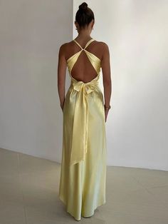 Sonicelife Satin Bow Backless Sexy Maxi Dress For Women Gown Fashion V Timeless Gown, Simple Party Dress, Bow Season, Floor Material, Simple Prom Dress Long, Dirndl Outfit, Prom Dress Inspo, Backless Evening Dress, Ruched Maxi Dress