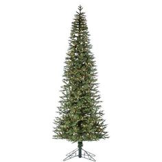 a tall christmas tree with lights on it's top and branches in the shape of a cone