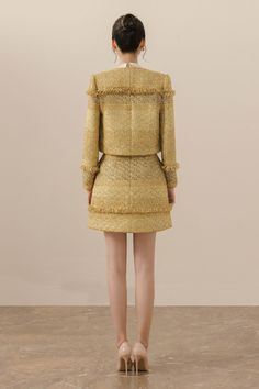 Romanza Straight Round Neck Tweed Jacket | MEAN BLVD Winter Couture, Padded Hangers, Tweed Mini Skirt, Stand Out In A Crowd, Understated Luxury, Tweed Fabric, Golden Yellow, Tweed Jacket, Designer Collection