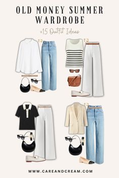 Upgrade your summer look with our Old Money Summer Capsule Wardrobe! We've put together 15 elegant outfit ideas that will awaken your old money style with a mix of 25+ chic summer essentials. Feel confident owning your aesthetic this summer with the relaxed yet refined old money summer style. These outfit ideas are truly an inspiration for crafting your timeless capsule wardrobe. Plus: old money look, old money summer outfits, quiet luxury. Plus Summer Work Outfits, Old Money Outfit Women For Summer, Casual Chic Outfit Ideas, Old Money Wardrobe, Old Money Capsule Wardrobe, Capsule Wardrobe Outfit Ideas, Dress Old Money, Old Money Look, Old Money Summer