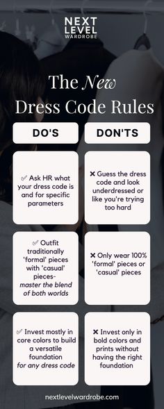 For the details, read the full post:The Ultimate Guide to Dress Code Types: 4 Ways To Dress for Success... We’ve put together the perfect cheat sheet on all things dress codes. How? From over 20 years of experience in the fashion industry and (most importantly) first-hand experience with styling real people and assembling real wear to work outfits. Casual Dress Code Women, Work Outfit Accessories, Wear To Work Outfits, Work Travel Outfit, Classic Work Style, Dress Etiquette, Code Meaning, School Dress Code