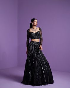 Shooting Star Lehenga Set | Black Lehenga Set | Parul Gandhi – B Anu Designs Fitted Hand Embellished Sharara For Festivals, Festive Gown With Sequins And Fitted Bodice, Glamorous Fitted Choli With Resham Embroidery, Embellished Lehenga With Fitted Bodice And Floor-length, Embellished Lehenga With Fitted Bodice, Embellished Floor-length Lehenga With Fitted Bodice, Glamorous Fitted Hand Embellished Sharara, Hand Embellished Fitted Sharara For Party Wear, Party Wear Hand Embellished Fitted Choli