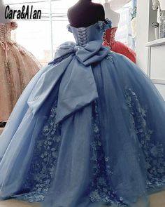 Dusty Blue Quinceanera Dress 3D Floral Applique Off Shoulder Sweet 16 With Bow | eBay Sweet 16 Gowns, Quinceanera Dresses Green, Ball Gown Quinceanera Dresses, Quinceanera Themes Dresses, Off Shoulder Ball Gown, Quincenera Dresses, Blue Ball Gown, Girls Birthday Party Dress, Sweet 15 Dresses