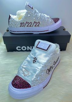 Sweet 16 Shoes, Wedding Tennis Shoes, Bedazzled Converse, Bling Wedding Shoes, Bedazzled Shoes Diy, Graduation Shoes, Biker Wedding, Bedazzled Shoes, Shoe Refashion