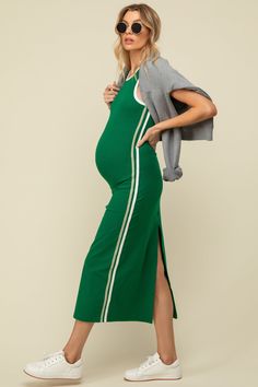 Green Sleeveless Contrasting Stripe Maternity Maxi Dress Pregnancy Capsule Wardrobe Summer, Colorful Maternity Outfits, Pregnant Vacation Outfits, Pregnant Summer Outfits, Maternity Summer Outfits, Vintage Maternity Clothes, Spring Maternity Outfits, Dress The Bump, Summer Maternity Fashion