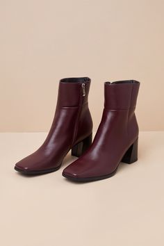 The Lulus Layten Wine Square Toe Ankle Boots are the perfect addition to your fall wardrobe! These must-have boots have a smooth faux leather construction that shapes a square-toe upper that rises to an ankle-high shaft with stylish seam detailing. A 7"" zipper at the instep makes for easy on-and-off, while a sturdy block heel completes the design! 2. 5" block heel. Cushioned insole. Rubber sole has nonskid markings. Man Made Materials. Imported. Lulus | Layten Wine Square Toe Ankle High Heel Boots | Size 5. Square Toe Faux Leather Mid-calf Boots With Stacked Heel, Fall Square Toe Heeled Boots With Reinforced Heel, Square Toe Mid-calf Boots With Stacked Heel, Boots With Stacked Heel And Square Toe For Fall, Fall Boots With Stacked Heel And Square Toe, Fall Mid-calf Boots With Padded Heel And Square Toe, Square Toe Faux Leather Mid-calf Boots For Fall, Wide Calf Square Toe Heeled Boots For Fall, Fall Season Square Toe Mid-calf Faux Leather Boots