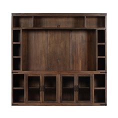 a wooden bookcase with several shelves and doors