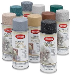 six cans of krylon's stone metallic paint with different colors and sizes