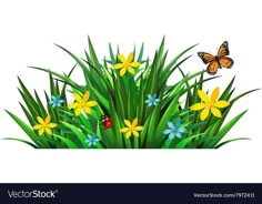 the grass with flowers and butterflies on a white background