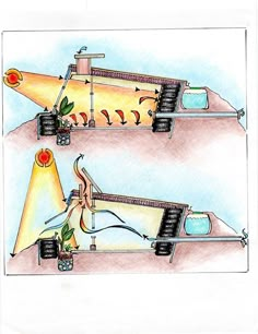 a drawing of two machines with different types of equipment on them, and one machine that is connected to the other