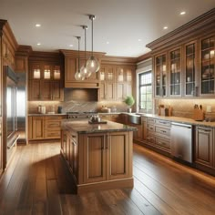 a large kitchen with wood floors and wooden cabinetry on the walls, along with stainless steel appliances