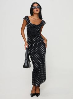 Sandberg Maxi Dress Black Polka Dot Polka Dot Formal Dress, Realisation Par Polka Dot Dress, Polka Dot Prom Dress, White Wedding Guest Attire, Polka Dot Skirt Outfit, Dot Skirt Outfit, Polka Dot Dress Outfit, Vietnam Tailor, White Wedding Guest