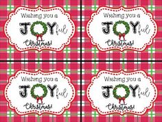 four red and green plaid christmas tags with the words wishing you a joyful christmas