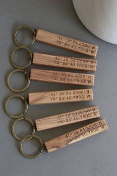 four wooden key chains with engraved names on them sitting next to a cup and mug