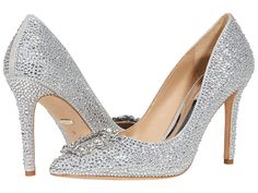 Badgley Mischka Cher II - Women's Shoes : Silver : Put the extra sparkle into any ensemble with the Badgley Mischka Cher II! This delicate heel is crafted with a textile upper, and features crystal embellishments and a stiletto heel. Ideal wedding shoe for the bride. Closed, pointed toe. Man-made lining. Lightly padded footbed. Wrapped heel. Leather sole. Imported. Weight of footwear is based on a single item, not a pair. Measurements: Heel Height: 4 in Weight: 10 oz Product measurements were ta Elegant High Heel Crystal Wedding Shoes, Elegant Crystal High Heel Wedding Shoes, Sparkling High Heels For Wedding, Fitted Glitter Wedding Shoes, Sparkling Pointed Toe Wedding Heels, Crystal High Heels For Wedding, Elegant Bedazzled Closed Toe Heels, Crystal High Heel Shoes For Formal Occasions, Crystal High Heels For Formal Occasions