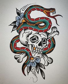 a drawing of a skull with a snake on it