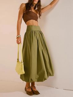 This ruched bubble hem midi skirt combines a relaxed fit with a stylish silhouette. Featuring a flattering waistband and gathered hem, this skirt is perfect for casual outings or dressing up. The soft, breathable fabric ensures comfort, while the olive green hue adds a trendy touch. Pair it with a crop top and sandals for an effortlessly chic look that stands out. Ruched design Flat & elasticated waist band Regular waist A-line Polyester Sister Minnie, Midi Skirt Y2k, Box Pleated Skirt, Midi Skirts Summer, Pleats Pattern, Long Skirt Summer, Crop Pullover, Skirt Ideas, Nature Dress