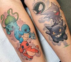 two people with pokemon tattoos on their legs