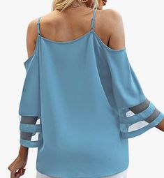 Stay on-trend this summer with our beautiful Cold Shoulder Blouse, featuring 3/4 bell sleeves with sheer detail. It's the perfect choice for pairing with white jeans on vacation or for a stylish Saturday night out. This blouse also includes adjustable straps for a customizable fit. Crafted from 100% polyester, it offers both style and ease of care. Elevate your summer wardrobe with this chic and versatile top. Summer V-neck Blouse With Sheer Sleeves, Sheer Sleeves V-neck Blouse For Summer, Casual Blouse With Sheer Sleeves For Summer, Trendy Summer Top With 3/4 Sleeves, Trendy Beach Top With 3/4 Sleeves, Casual Summer Tops With Mesh Sleeves, Trendy Beach Tops With 3/4 Sleeve, Trendy Summer Tops With 3/4 Sleeves, Flowy Summer Tops With Sheer Sleeves