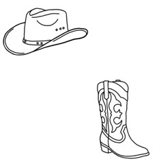 a cowboy hat and boots are shown in black and white, one is drawn on paper