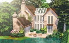 this is an artist's rendering of a house in the woods and pond area