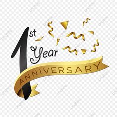 an anniversary sign with gold ribbon and confetti on transparent background, hd png