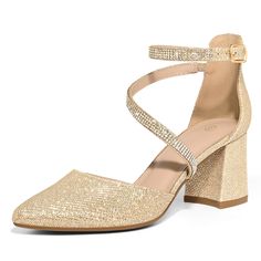 a women's gold high heeled sandal with straps and glittery fabric