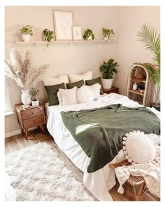 a bedroom with white and green bedding, plants on the wall, and wicker baskets