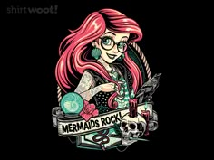 a girl with pink hair wearing glasses and holding scissors next to a t - shirt that says mermaids rock