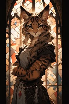 a painting of a cat in front of a stained glass window