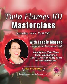 the flyer for twin flames 101 master class, featuring a red rose and a woman's face