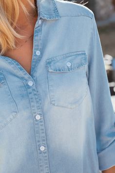 The Faded Denim Collared Front Button Mini Shirt Dress brings casual cool to a whole new level with its laid-back vibe and classic button-up style. Throw it on, button it up, and you’re ready to conquer the day. Featured Line: DAWN Product code: CAA05B4J007SS Features:  Woven Collared neckline Long sleeves with button tabs Front buttons Breast pockets Mini leisure Material: 100%LYOCELL. Light Wash Button Closure Shirt Dress For Summer, Summer Light Wash Shirt Dress With Button Closure, Spring Light Wash Shirt Dress With Button Closure, Summer Chambray Button-up Shirt Dress, Denim Blue Shirt Dress With Button Closure, Summer Washed Button-up Shirt Dress, Trendy Denim Shirt Dress With Button Closure, Medium Wash Cotton Button-up Shirt Dress, Medium Wash Button-up Shirt Dress