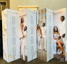 three fold up cards with pictures of people in white outfits and the words wedding vows printed on them