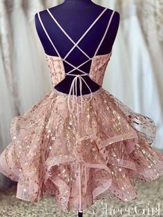 Pink Deep V-neck Homecoming Dress Rhinestone Short Prom Dress ARD2424-SheerGirl Gold Homecoming Dress, Homecoming Dresses Sparkly, Dama Dresses, Mini Prom Dresses, Mini Homecoming Dresses, Homecoming Ideas, Tulle Homecoming Dress, Pink Party Dresses, Pink Homecoming Dress