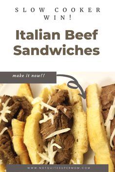 an advertisement for slow cooker italian beef sandwiches on a white plate with text overlay