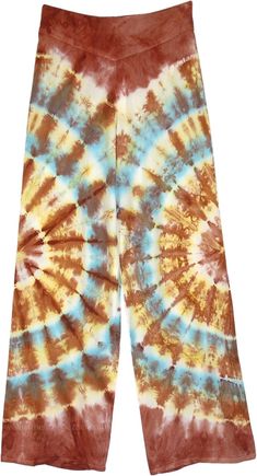 An everyday casual bohemian summer pants in a colorful tie-dye blast on a brown base.  These luxuriously soft and stretchy mid-weight pants made with soft flowy rayon have a hippie bohemian vibe and are comfortable for casual summer wear. #tlb #SplitSkirtsPants #Yoga #vacationclothing #beachwrap #TieDye #bohemianfashion #TieDyePants #BeachPants #SummerPants #BohemianPants Trainers Outfit Women, Brown Straight Leg Pants, Rent Costumes, Long Cotton Skirt, Diy Tie Dye Designs, Bridesmaids Outfits, Long Tiered Skirt, Dye Pants, Trainers Outfit