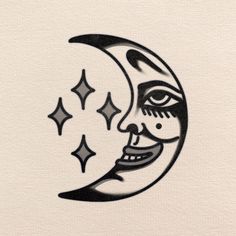 a drawing of a crescent moon with face and stars on it's side, in black ink