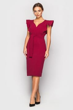 A beautiful dress featuring midi length, frill sleeves and a matching fabric belt. - v-neckline - pencil silhouette - midi length - short frilled sleeves - matching fabric belt - concealed back zipper closure - fully lined Outer fabric:40% viscose, 55% polyester and 5% elastane Lining: 67% viscose, 25% polyester and 8% elastane. Color - dark red Please choose from our measurements chart your dress size, or write us your body measurements, we then select the right size for you. Elegant Fitted Belted V-neck Dress, V-neck Belted Midi Dress For Office, Dressy V-neck Midi Dress For Office, Elegant V-neck Belted Dress For Evening, V-neck Midi Dress With Ruffles For Formal Occasions, Formal Summer V-neck Belted Dress, Elegant V-neck Belted Dress For Fall, Formal V-neck Belted Dress For Fall, Chic Red V-neck Midi Dress