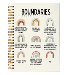 a spiral notebook with the words boundariess written in different colors and designs on it