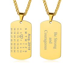 PRICES MAY VARY. 💗💗[ Personalized Date Calendar Dog Tag Necklace ]Stainless steel Dog Tag pendant with date personalized,you can engrave the anniversary day on the front side,the name and the text meaningful on the back side.Perfect personalized gift for the special one in your life! 💗[MATERIAL & SIZE ]Made of 316L Stainless Steel - which is a hypoallergenic & skin-friendly material; high polish finish make sure the color will last a long time and doesn’t fade.Necklace chain length 22"+2" ext