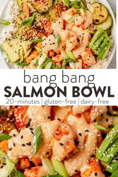 a bowl full of salmon and rice with the title above it