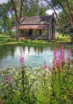 an old house sitting on top of a lush green field next to a lake filled with water