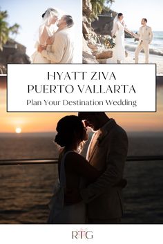 a couple standing next to each other in front of the ocean with their wedding photos