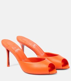 Me Dolly 85 leather mules in orange - Christian Louboutin | Mytheresa Me Dolly Louboutin, Louboutin Me Dolly, Orange Accessories, Orange Heels, Red Louboutin, Mid Heel Sandals, Orange Shoes, Louboutin Heels, Heels Classy